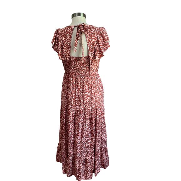 Old Navy White & Orange Floral Ruffle Sleeve Smocked Bodice Midi Dress Sz M - Picture 2 of 9